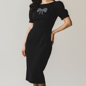 vintage Retro coquette Black white bow Twee poof sleeves midi dress pin up girl